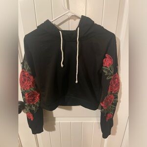 Rose Appliqué Black Cropped Hoodie